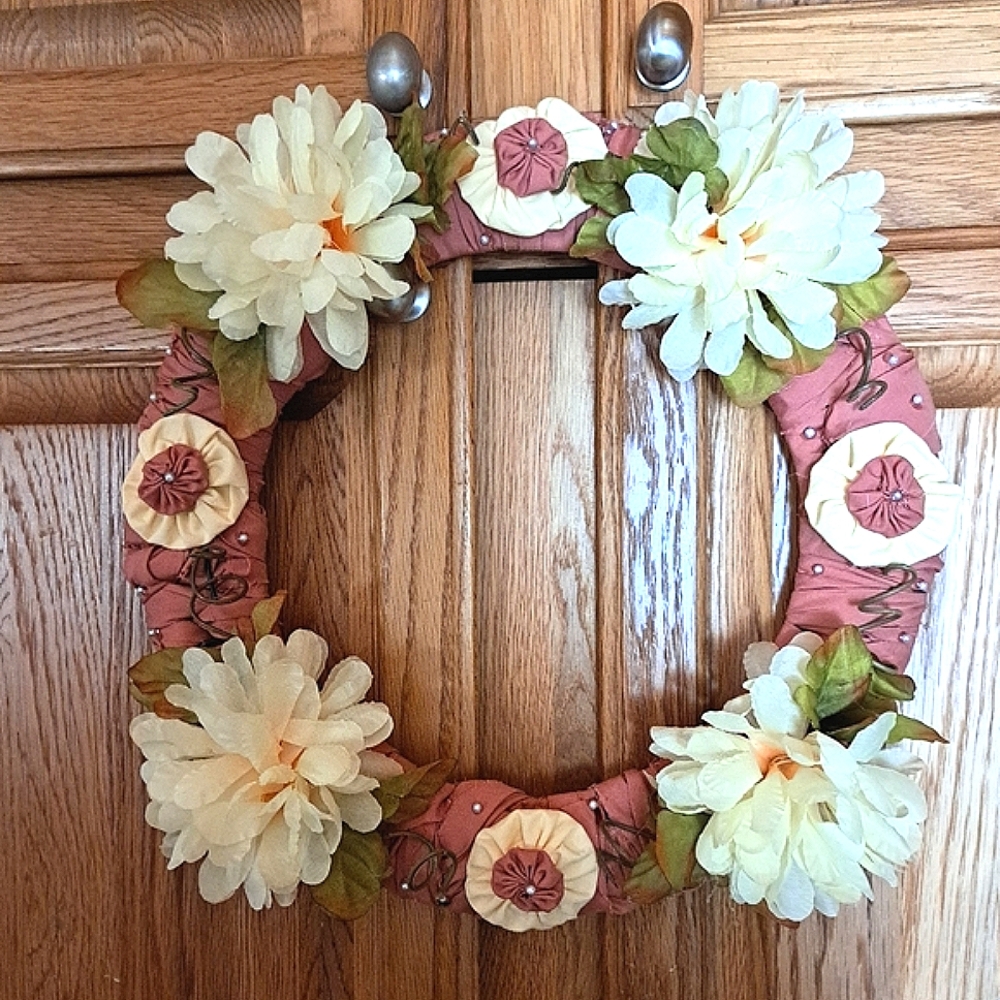 Pretty Homemade Floral Wreath with Cream Flowers 15" Wide